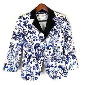 Botston Proper Royal Blue White and Black Print Blazer 3/4 Sleeves Jacket Size 8
